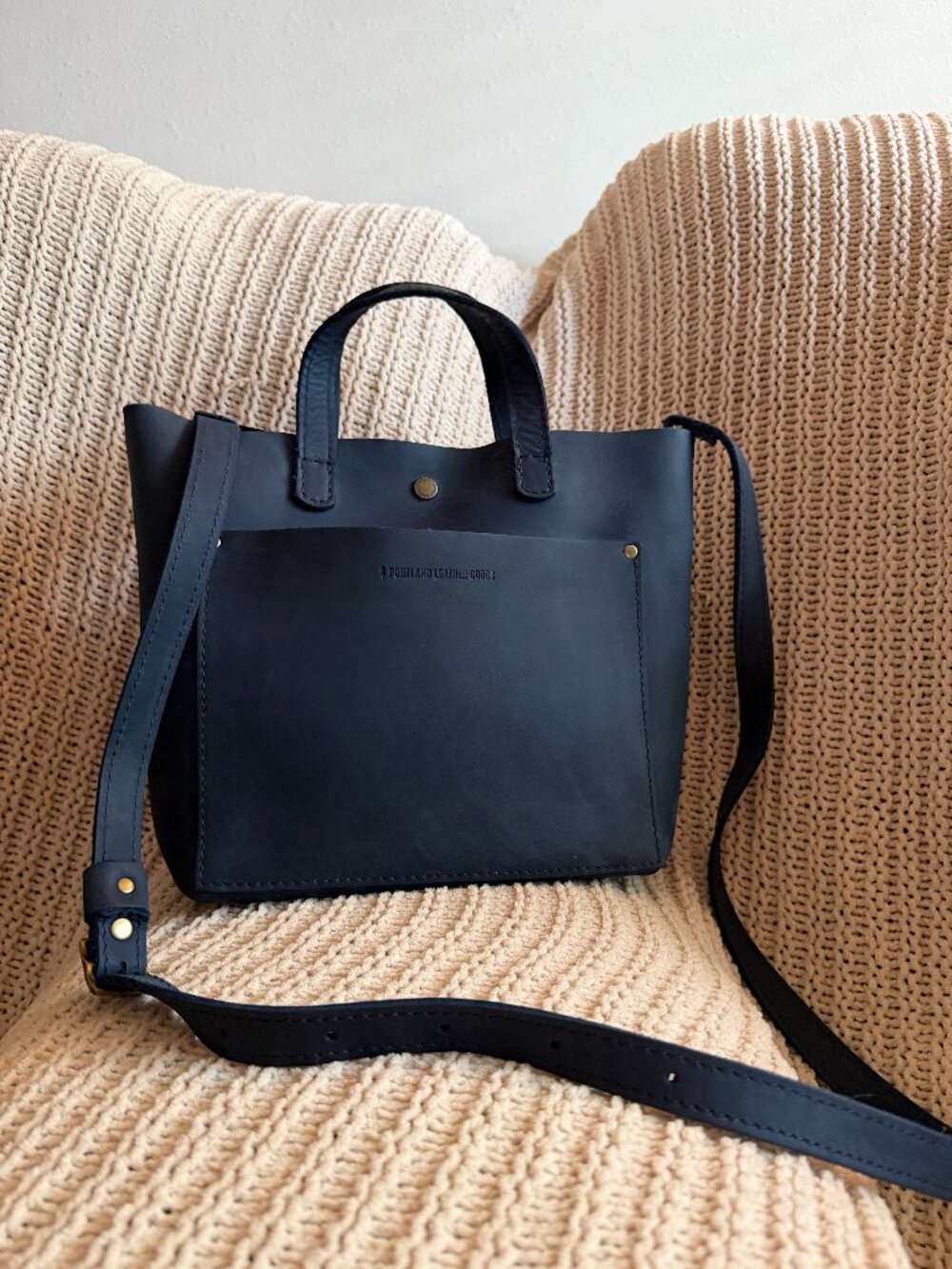 Portland Leather Goods Dark Blue Leather Mini Snap Crossbody Tote Bag